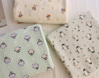 Penguin Rabbit Double Cotton Gauze Fabric: Animal Crinkled Muslin, Bib Swaddling Blanket Sewing Material