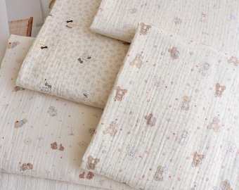 Animal Bear Triple Cotton Gauze Fabric: Crinkled Muslin, Thick Swaddling Blanket Sewing Craft Material