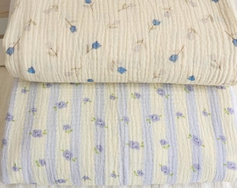 Blue Flowers Double Cotton Gauze Fabric: Crinkled Muslin, Baby Kids Swaddling Blanket Sewing Material