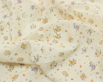 Floral Gauze Fabric: Purple Flowers, 100% Cotton Crinkle Muslin