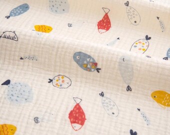 Funny Fish Double Cotton Gauze Fabric: Crinkled Muslin, Baby Bib Swaddling Garments Blanket Material