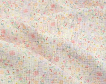 Pink Floral Cotton Gauze Fabric: Soft Muslin Crepe, Baby Swaddle Sewing Craft Material