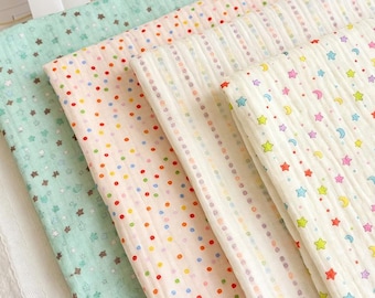 Colorful Dots Stars Triple Cotton Gauze Fabric: Crinkled Muslin, Thick Blanket Garments Sewing Material