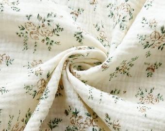 Retro Green Floral Cotton Double Gauze Fabric: Crinkled Muslin, Swaddling Blanket Sewing Craft Material