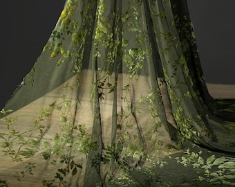 Green 3D Floral Plants Lace Fabric: Retro Stretch Mesh Tulle, Dresses Sewing Decor Material