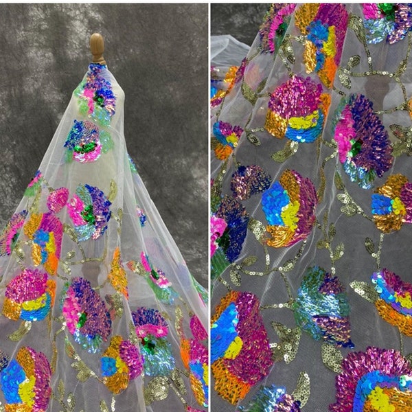 Colorful Sequin Fabric, Embroidered Sequin Flower Lace Fabric, DIY Sewing Material, Stage Show Fabric, Bridal Dress Veil Fabric, By The Yard