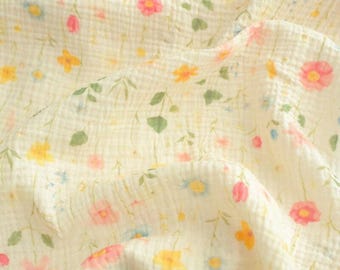 Colorful Floral Plant Double Gauze Fabric: 100%Cotton Crinkled Muslin, Swaddling Blanket Sewing Material