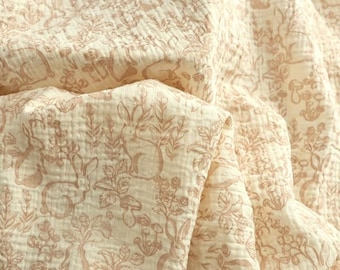 Retro Forest Rabbit Double Cotton Gauze Fabric: Floral Crinkled Muslin, Blanket Swaddling Sewing Material