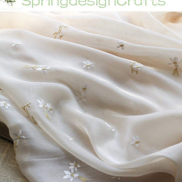 Silk Satin Fabric By The Yard, Flower Embroidered Chiffon Satin, Soft Flower Embroidery Tulle, Summer Dresses Fabric, DIY Sewing Material