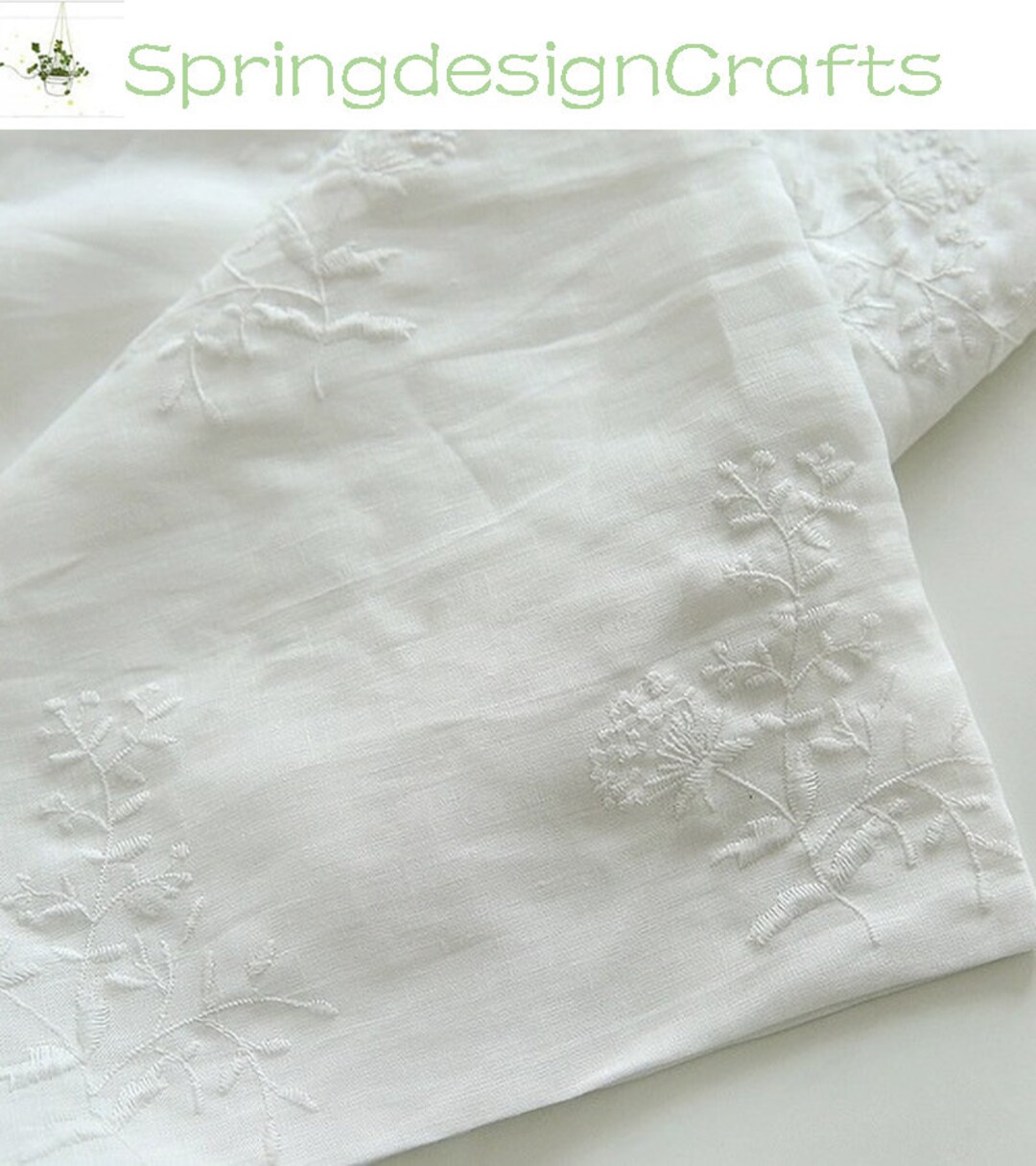 Embroidered Linen Fabric by the Yard, White Flower Embroidered Linen, DIY Sewing Material, Home