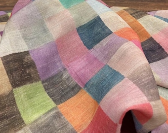 Retro Plaid Ramie Fabric: Rainbow Colorful Grid, Breathable Blouse Dresses Garments Sewing Craft Material