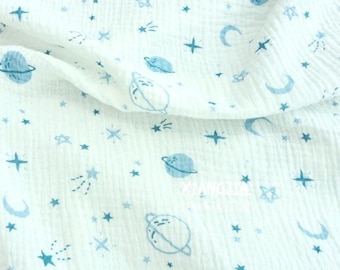 Planet Moon Print Double Gauze Fabric: 100%Cotton, Crinkle Muslin, Blanket Garments Swaddling Material