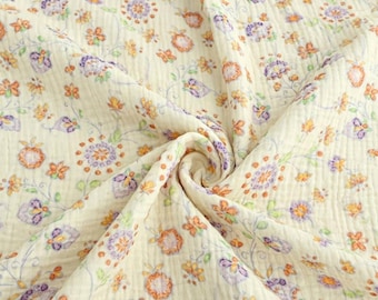 Floral Print Double Cotton Gauze Fabric: Crinkle Muslin, Garments Swaddling Blanket Sewing Craft Material