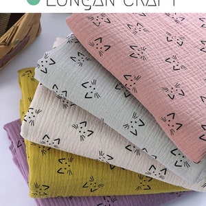 Cotton Double Gauze Fabric, Cute Cat Printed 100%Cotton Gauze, Animal Muslin Crinkled Gauze, Baby Kids Cloth Blanket Swaddling Material