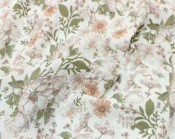 Floral Cotton Gauze Fabric: Retro Flower Garden Crinkled Muslin, Blanket Cloth Fabric