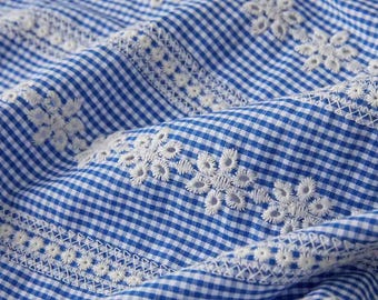 Floral Embroidered Cotton Fabric: Blue White Plaid Sewing Material, Curtain Upholstery Wedding Fabric