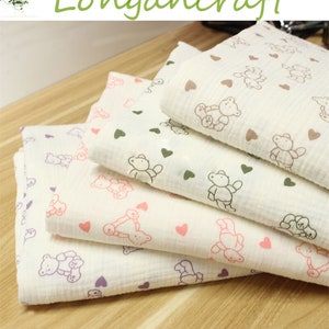 Printed Bear Cotton Gauze Fabric, Soft Muslin Crinkled Crepe Fabric, Baby Blanket Sewing Material