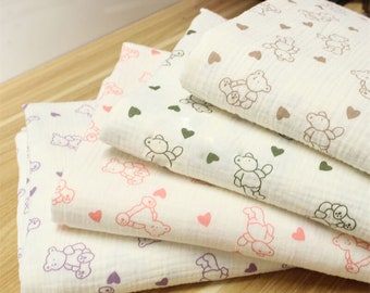 Printed Bear Cotton Gauze Fabric, Soft Muslin Crinkled Crepe Fabric, Baby Blanket Sewing Material