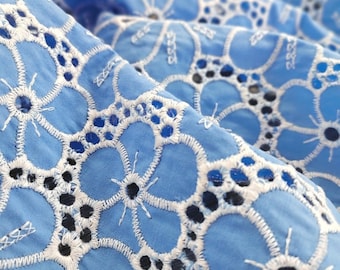 May include: Close-up of a light blue fabric with white embroidered floral designs. The fabric has a delicate, lacy appearance.