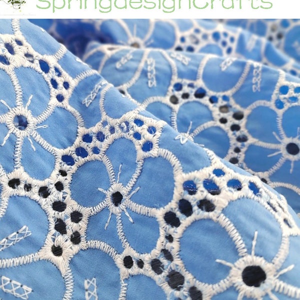 Eyelet Fabric By The Yard, Blue Embroidered Flower Hollowed Cotton Fabric, Flower Eyelet Cotton Lace, DIY Sewing Material, Wedding Fabric