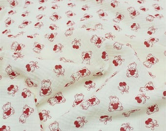 Bear & Cherry Cotton Gauze Fabric: Crinkle Muslin for Baby Swaddling, DIY Sewing Craft Material