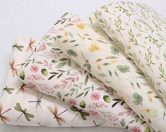 Tissu gaze de coton, bambou, libellule florale : emmaillotage en mousseline douce - 1 mètre