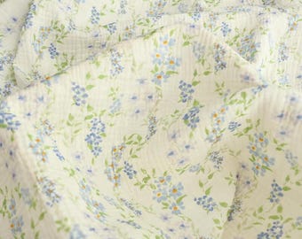 Blue Flower Doube Cotton Gauze Fabric: Crinkle Muslin, Blanket Swaddling Garments Sewing Craft Material