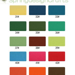 May include: A colour chart from SpringdesignCrafts featuring fifteen rectangular fabric swatches in various solid colours, each labelled with a number from 31# to 45#. The colours include yellow, blue, teal, green, olive, lime, brown, red, pink, and orange.