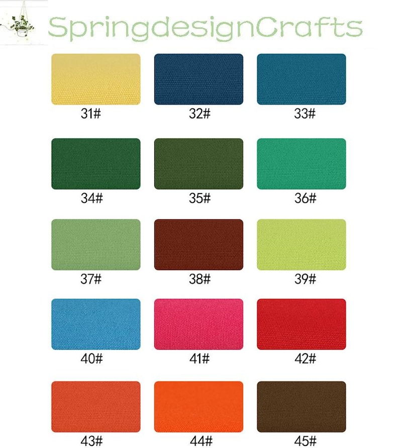 May include: A colour chart from SpringdesignCrafts featuring fifteen rectangular fabric swatches in various solid colours, each labelled with a number from 31# to 45#. The colours include yellow, blue, teal, green, olive, lime, brown, red, pink, and orange.