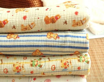 Animal Double Cotton Gauze Fabric: Rabbit Bear Print Crinkled Muslin, Blanket Swaddling Sewing Material