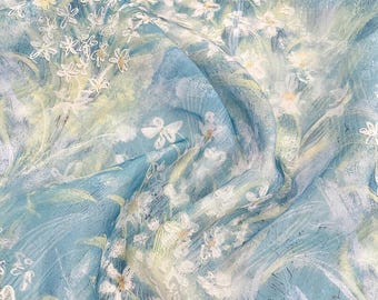 Blue Watercolor Floral Chiffon Fabric: Lightweight Summer Dresses Blouse Sewing Material, Craft Decor Fabric