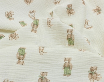 Bear Rabbit Print Double Cotton Gauze Fabric: 100% Cotton, Crinkle Muslin Baby Blanket Cloth
