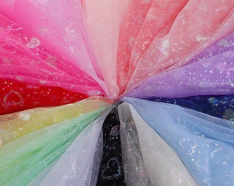 Heart Tulle, Colorful Glitter Star Heart Tulle By The Yard, Colorful Mesh Fabric, Party Decoration Fabric, Dresses Fabric, DIY Material