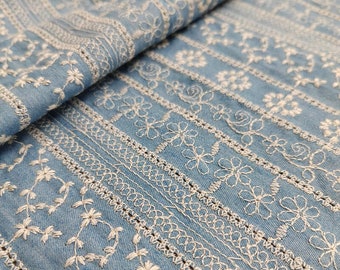 Eyelet Fabric By The Yard, Blue Embroidered Flower 100%Cotton Fabric, Floral Cotton Hollowed Denim Fabric, DIY Sewing Material