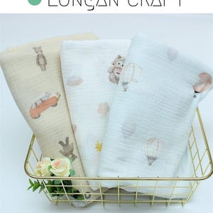 Tissu double gaze de coton, adorables voitures d'ours, montgolfières, tissu de mousseline froissée, matériel de couture d'emmaillotage de couverture de bébé, par mètre