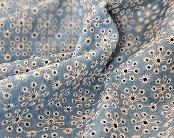 Eyelet Fabric By The Yard, Blue Embroidered Hollowed Cotton Denim Fabric, DIY Eyelet Sewing Material, Dress Fabric, Decoration Fabric