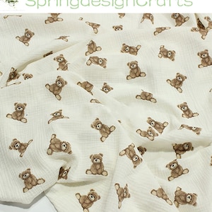Bear Gauze, Animal Double Cotton Gauze Fabric, 100% Cotton Muslin Crinkled Gauze, Baby Kids Cloth Blanket Fabric, DIY Sewing Material