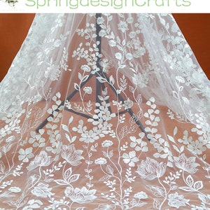 Floral Embroidery Tulle, Embroidered Flower Lace Fabric, Boho White Floral Lace By the Yard, DIY Dresses Material, Wedding Bridal Fabric