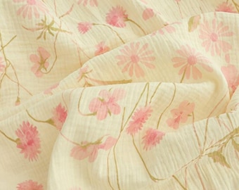 Pink Daisy Double Cotton Gauze Fabric: Crinkled Muslin, Swaddling Blanket Garments Sewing Craft Material