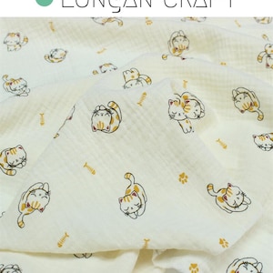 Double Cotton Gauze Fabric, Cat Printed 100%Cotton Crepe Fabric , Animal Muslin Crinkled Gauze, Baby Kids Cloth Blanket Swaddling Material