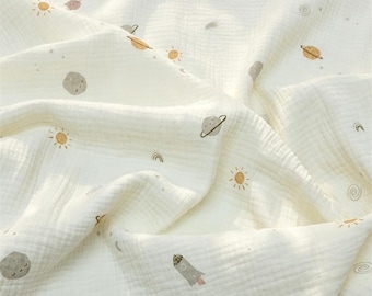 Space Rocket Planet Triple Cotton Gauze Fabric: Crinkled Muslin, Thick Blanket Garments Sewing Material