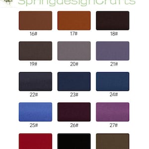 May include: A colour chart featuring fifteen rectangular fabric swatches labelled 16# through 30#. The swatches display a variety of solid colours including shades of brown, grey, purple, blue, red, black, and olive green with a visible woven texture.