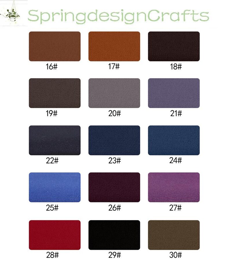 May include: A colour chart featuring fifteen rectangular fabric swatches labelled 16# through 30#. The swatches display a variety of solid colours including shades of brown, grey, purple, blue, red, black, and olive green with a visible woven texture.