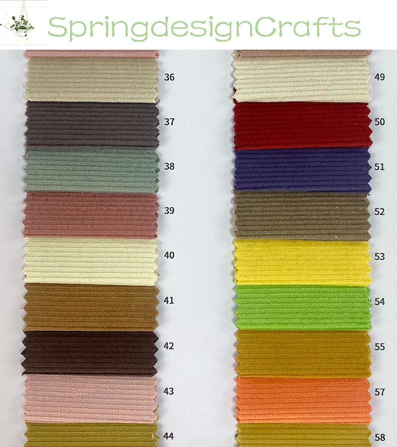 Puede incluir: Una carta de colores de 14 muestras de tela de pana diferentes. Las muestras est&aacute;n dispuestas en dos columnas, con los n&uacute;meros del 36 al 44 a la izquierda y del 49 al 58 a la derecha.