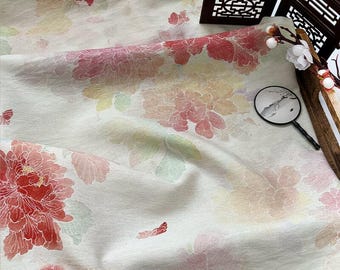Chinoiserie Floral Cotton Blended Fabric: Printed Dresses Blouse Sewing Craft Material, Curtain Decor Fabric
