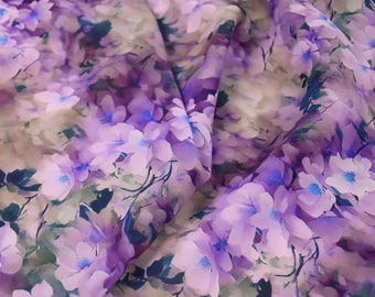 Purple Flower Printed Crepe Chiffon Fabric: Lightweight Dresses Blouse Sewing Material, DIY Craft Fabric