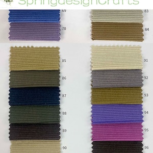 Puede incluir: Una tarjeta de muestras de tela con 12 colores diferentes de tela de pana. Los colores incluyen azul, morado, beige, marr&oacute;n, gris, verde, negro y m&aacute;s. Las muestras de tela est&aacute;n numeradas 69, 70, 83, 84, 85, 86, 87, 88, 89, 90, 91, 92, 93, 94, 95 y 96.