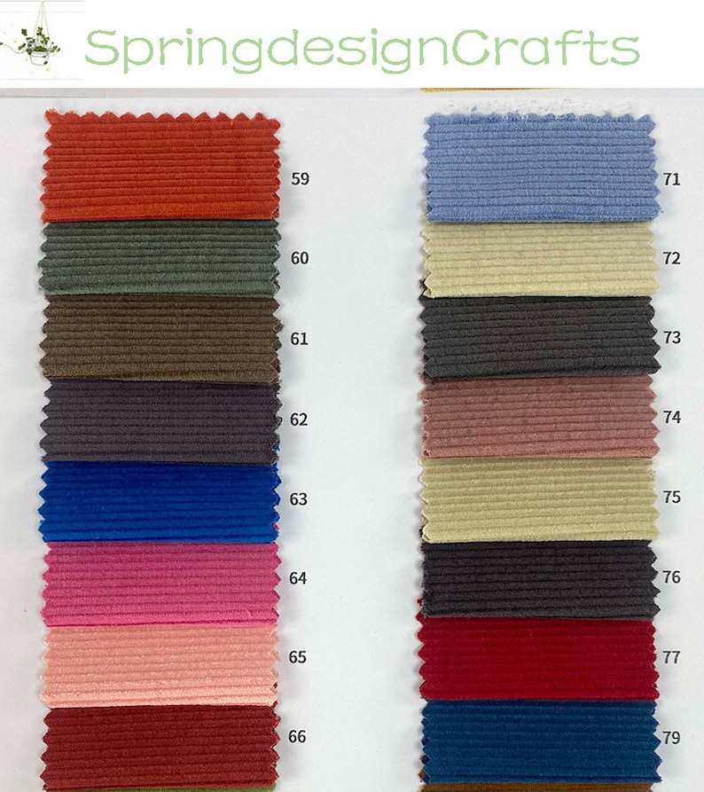 Puede incluir: Una carta de muestras de 12 colores diferentes de tejido de pana. Los colores son: rojo, verde, marr&oacute;n, gris, azul, rosa, melocot&oacute;n, burdeos, rojo, negro, azul marino y marr&oacute;n.