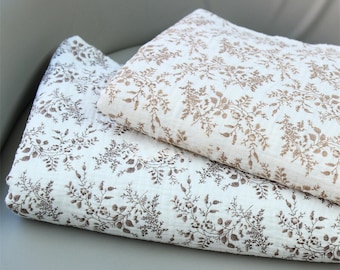 Floral Double Gauze Fabric: Printed Plant Leaves, 100% Cotton By The Yard, Crinkled Muslin Material
