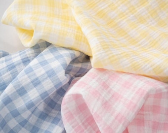 Plaid Double Cotton Gauze Fabric: Grid Crinkled Muslin, Blanket Swaddling Clothes Sewing Craft Material